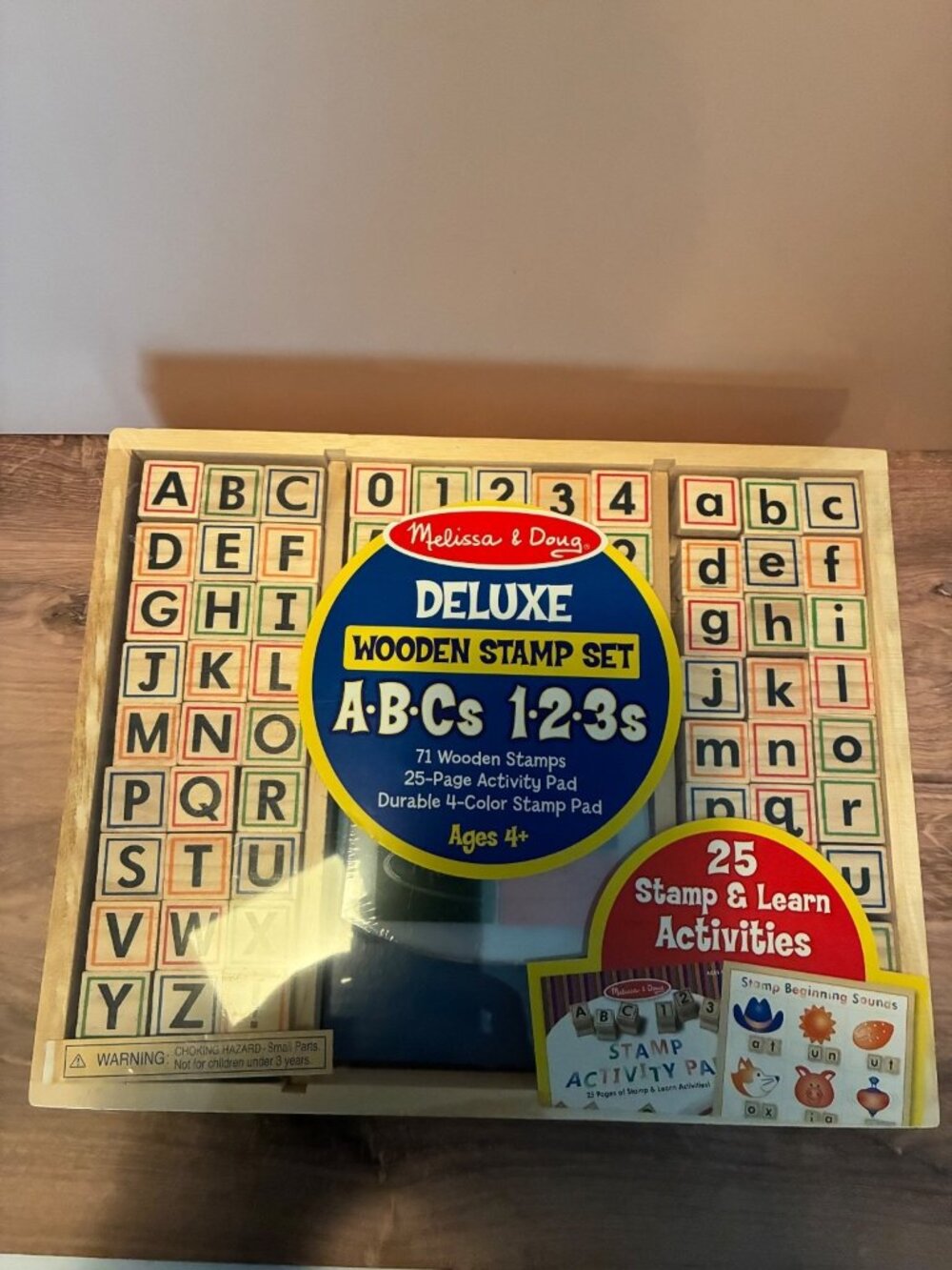 Melissa & Doug Deluxe Wooden Stamp Set ABCs 123s 71 Stamps Activity Pad New